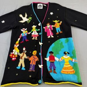 Storybook Knits Black Multi Color People Earth Peace Dove Cardigan Sweater Med